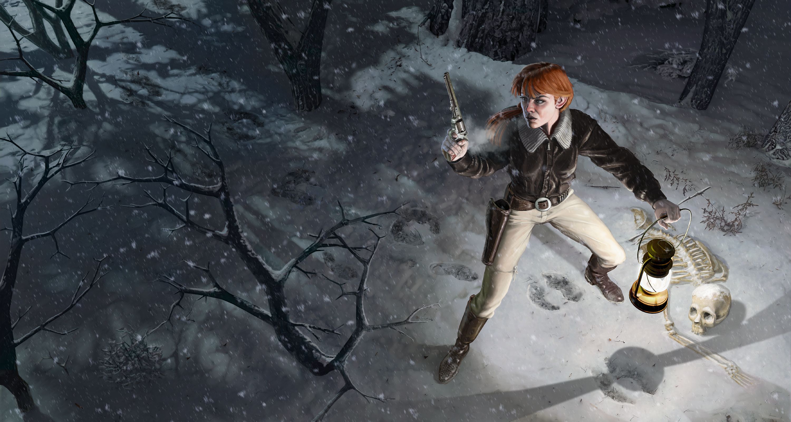 A lantern-carrying adventurer pushes through a snowbound forest at night, revolver raised, stepping past a half-buried skeleton.